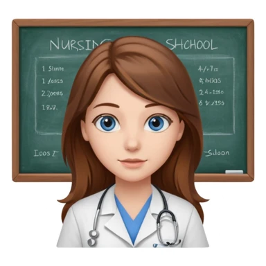 university classroom that says nursing school on the blackboard with a pretty female nursing student with long brown hair, blue eyes sticker