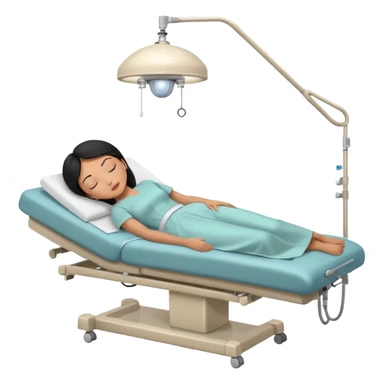 A black-haired woman in her 50s lying on an examination bed with eyes closed, shown in a wide, full-body shot in a clean colonoscopy procedure room. Only the patient is visible. sticker