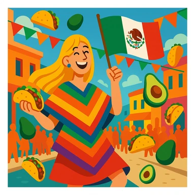 festive Cinco de Mayo cartoon of a tall blonde woman, smiling, wearing a colorful poncho, holding a taco and an avocado, waving a Mexico flag, dancing in the street, surrounded by tacos and avocados, lively street party background, bright and bold colors sticker