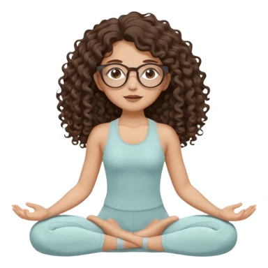 Memoji-stylegirl with long dark brown curly hair, round glasses, large brown eyes, soft rounded face, warm beige skin tone, wearing neutral Pilates activewear, calm wellness aesthetic, pastel colors, sticker-style digital illustration, smooth shading, white outline,reformer pilates doing. sticker