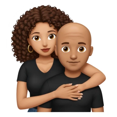 A mixed girl, the girl is wearing a black shirt, the girl has brown curly hair  and the girl has big boobs. A Mexican man is embracing her, with bald hair and clean shaven sticker