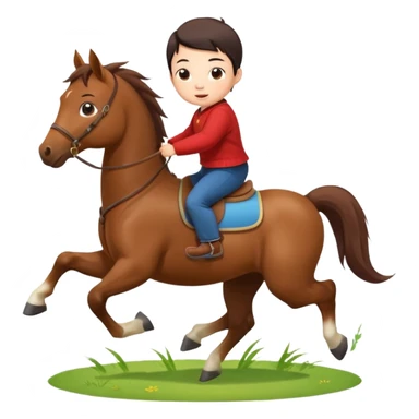 l little chinese baby riding on a  cute horse running really fast on the grass with 2026 year's label sticker