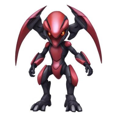 a shiny black-red Genesect-Raptor-Fakémon—hybrid with a futuristic visor-helmet full body sticker