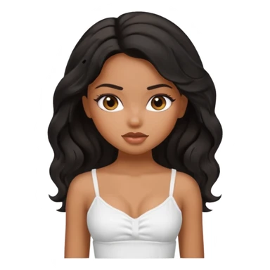 a pretty bratz tan girl with wavy black hair wearing a white cami top. Skintone is brown sticker