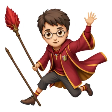 Cartoon-style illustration of Harry Potter flying on a broomstick, Gryffindor red and gold outfit, expressive face, dynamic motion, magical vibe, smooth shading, vibrant colors, no background, transparent background, isolated character. sticker
