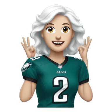 White female light skin white hair blue eyes wearing Philadelphia Eagles jersey cheering sticker