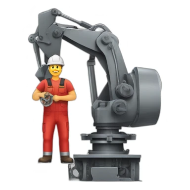 Industrial professional mechanical assembler working on the assembly of heavy machinery with a red outfit sticker