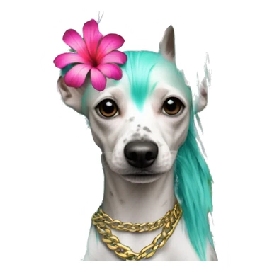 Punk tropical palm leaves flowers Chinese crested dog neon rainbow cyan green pink hair gold chain punk piercings tattoos punk ear piercings sticker