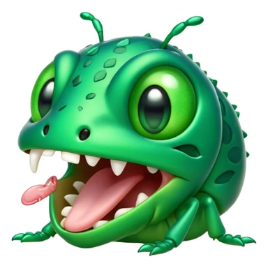 Cinematic Cute Yawning Green Bugdie Portrait Emoji, Head tilted slightly with a dramatic, wide-open yawn, showcasing a smooth, vibrant emerald exoskeleton with delicate patterns and tiny drooping antennae, round multifaceted eyes barely open in drowsy contentment, Simplified yet irresistibly adorable features, highly detailed, glowing with a soft, cozy glow, high shine, relaxed yet expressive, stylized with a touch of whimsy, bright and endearing, soft glowing outline, capturing the essence of a sleepy yet endearing insect, so drowsy it feels like it could stretch out of the screen and curl up for a nap! sticker