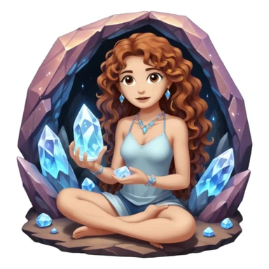 full body woman long curly brown hair brown eyes white skin tattoos sitting inside crystal cave opening, touching glowing quartz sticker