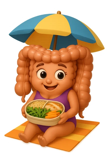 EMOJI STILE IPHONE DI INTESTINO DONNA CON COSTUME INTERO IN SPIAGGIA SEDUTO SU UNA SPIAGGINA SOTTO L'OMBRELLONE CON IN MANO UNA SCHISCETTA DI Insalata di quinoa e pollo con rucola e carote, iperrealistica 4k sticker