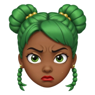 Create a 3D cartoon-style girl character with dark skin, round face, angry expression, big wide eyes, and tightly styled double buns made of green beaded hair. The girl should look irritated, eyebrows sharply angled, and lips pressed in a frown. sticker