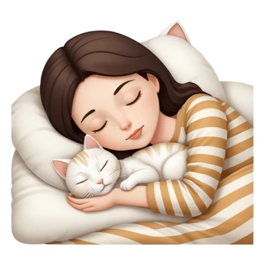 Brunette girl sleeping with white cat with beige stripes sticker