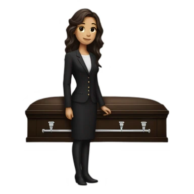brunette standing next to a coffin sticker