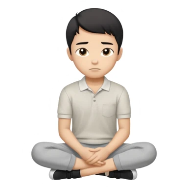 Cartoon Asian boy sitting cross-legged, clearly resting his closed fist against his cheek, looking thoughtful with a slight smirk. White polo, gray pants, black shoes, large eyes, short black hair. Clean vector style, flat colors, black background. sticker