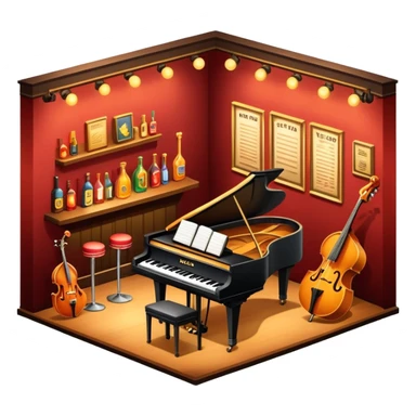 inside a jazz club, bar, stage, and jazz instruments, warm lighting sticker