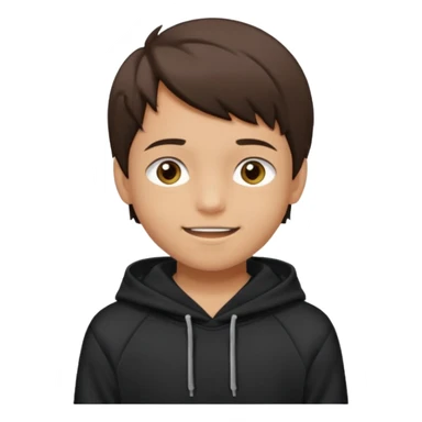 A brunette boy, short straight hair, light brown eyes, with a black sweatshirt with a hoodie, and smile without teeth  sticker