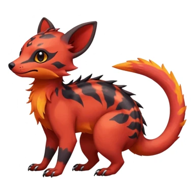 Rare tropical warm-colored exotic cute epic aesthetic colorful Salandit-Eevee-Civet-species-Fakemon-hybrid-creature, with wild fiery markings, full body sticker