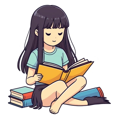 Pale girl with long dark hair and fringe reading a book sticker