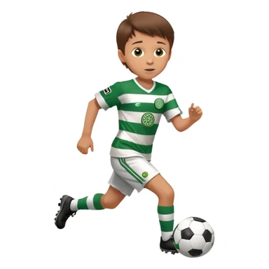 Celtic footballer jersey logo  6 years old brown hair white boy , brown eyes , stripes uniform , RUNNING  with soccer ball # 17 celtic football logo PUT ONLY ONE LOGO sticker