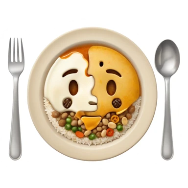 3D emoji of a dirty plate after eating, leftover food scraps, vegetable pieces, rice grains, sauce stains on the plate, fork and spoon placed beside the plate, no face, no character, no human features, realistic food leftovers, clean and simple background, soft lighting, high quality, emoji style sticker