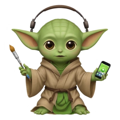 Full-body image of Baby Yoda in his brown linen robes using headphones while painting a picture sticker