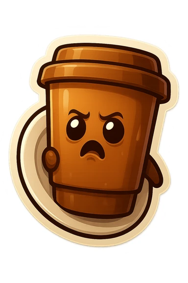 Tall coffee cup, dramatic, hiding, behind plate sticker