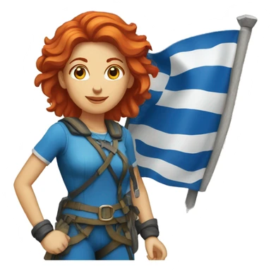 a red hair female mountaineer summitting with greek flag sticker