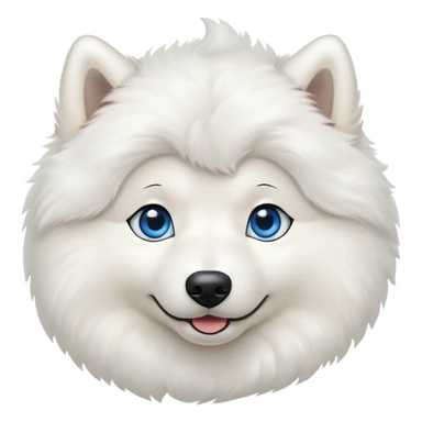 Cinematic Cute Samoyed Portrait Emoji, Head tilted playfully and inquisitively, featuring a fluffy, pristine white Fur with a natural sheen, round, sparkling blue eyes filled with curiosity, Simplified yet irresistibly adorable features, highly detailed, glowing with a warm, friendly glow, high shine, affectionate and lively, stylized with a touch of whimsy, bright and endearing, soft glowing outline, capturing the essence of a mischievous yet loving companion, so playful it feels like it could frolic out of the screen and into your arms! sticker