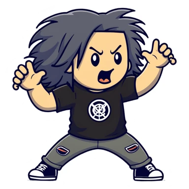 A metalhead headbanging with long hair, wearing a rock band t-shirt, excited expression sticker