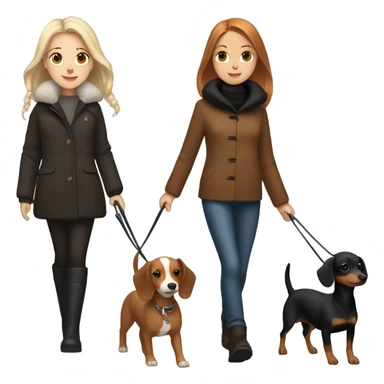 Two girls in winter coats walking- one with white skin black hair and the other with white skin and copper blonde hair with a brown and black dashedhound and the other with brown chihuahua  sticker