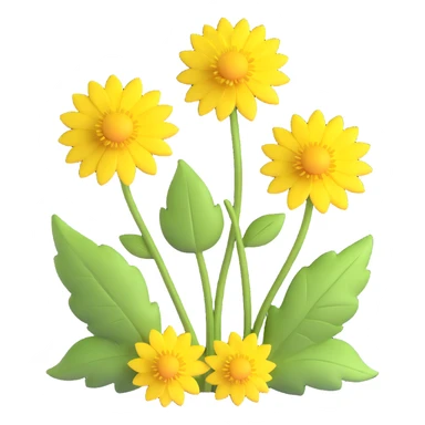 Create a 3D illustration of two dandelions in iOS Apple emoji style, featuring voluminous yellow flowers and green leaves, on a transparent background. sticker