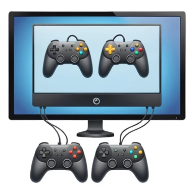 An icon showing two monitors with gaming interfaces, connected by a wire. Each monitor displays a different game screen, with two gamepads placed nearby, symbolizing multiplayer gameplay. transparent background. sticker