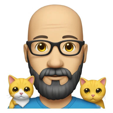 A bald man with glasses and black beard holding a yellow cat sticker