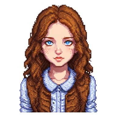 a girl with warm brown slightly wavy hair, blue eyes, and lots of freckles, pixel art style sticker
