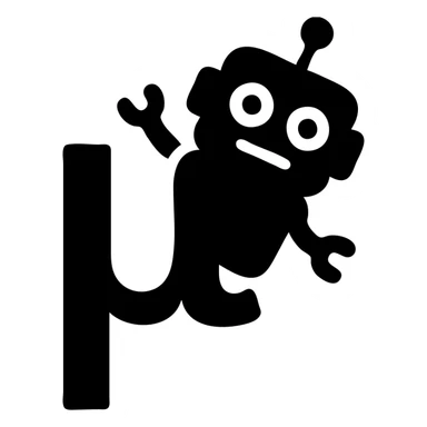 solid icon of a blue lowercase mu with a playful toy robot peeking from behind sticker