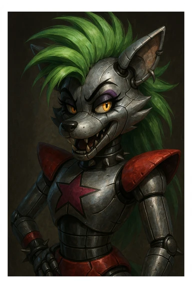Roxanne Wolf, the animatronic wolf from FNAF Security Breach, with a spiky green mane, metallic body, and a mischievous expression sticker