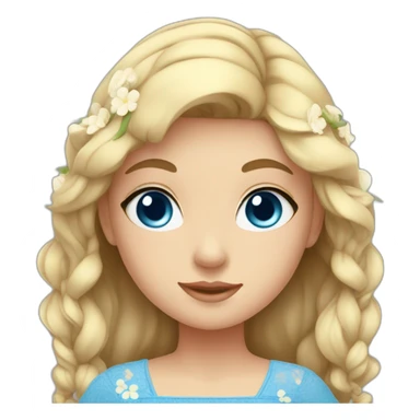 cute girl  with blue dress, blue eyes, and flower sticker