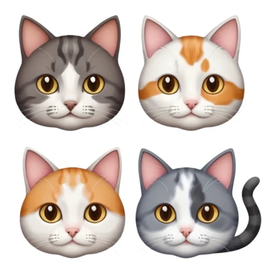3 different coloured short haired cats including; a dark brown tabby and white cat, and a dark grey and white  sticker