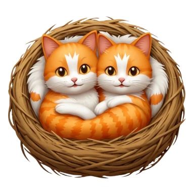 two cheerful cats cuddled together in a bird's nest, emoji style, cute expressions sticker