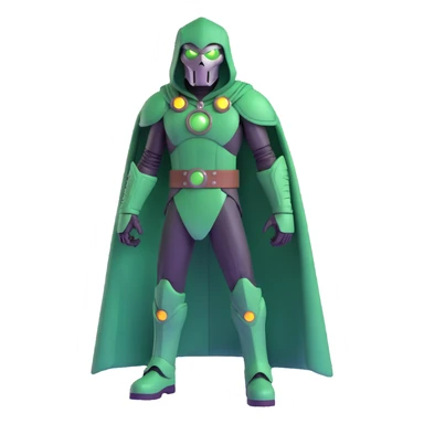 Doctor Doom standing tall with glowing green eyes behind his metal mask, full body view sticker