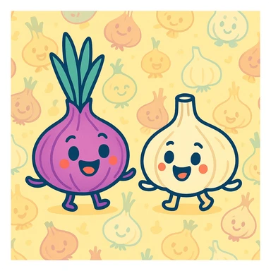 cartoon onion and garlic, animated, repeating background, cheerful, light color palette sticker