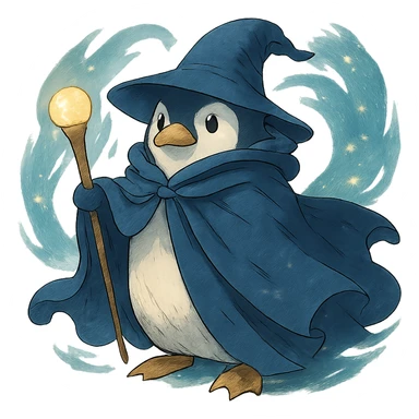 ghibli style penguin wizard with a flowing cloak and magical aura sticker