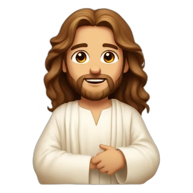 Jesus animated childish honey-colored eyes abundant wavy brown hair rosy cheeks white tunic tender and loving playing sticker