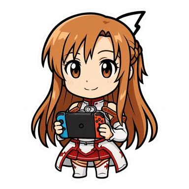 Make the character look more like Asuna from Sword Art Online, holding a video game. The style should be cartoonish sticker style with no background. Keep the cartoonish sticker look in the general style editor. sticker