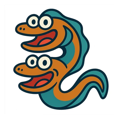 an eel with two mouths, cartoon style, vibrant colors, playful expression sticker