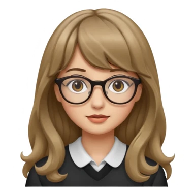 Uma garota de cabelo ondulado loiro escuro,mas com franja lisa e olhos pretos,usa óculos e a cor de pele branca,e o cabelo LONGO sticker