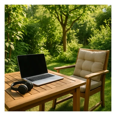 Outdoor home office with laptop, headphones, garden furniture, nature, productive mood sticker