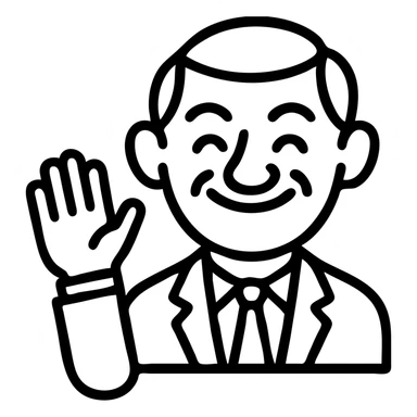 Happy Mr. Bean waving, simple outline icon style, no background, clean and minimalistic lines, clear and recognizable gesture. sticker