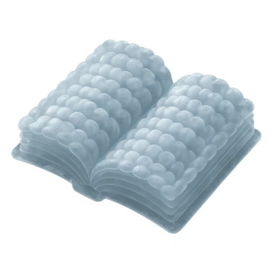 thick open book viewed from above, made entirely of small very bright white fluffy convex clouds, matte glass style sticker